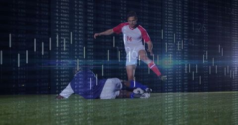 Athlete Playing Soccer with Futuristic Data Visualization Overlay
