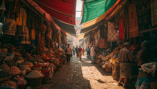 Bustling Cobblestone Market Alley with Baskets and Textiles
