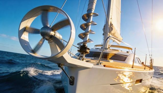Yacht bow cutting ocean waves with spinning hydro turbine and teak deck at golden hour