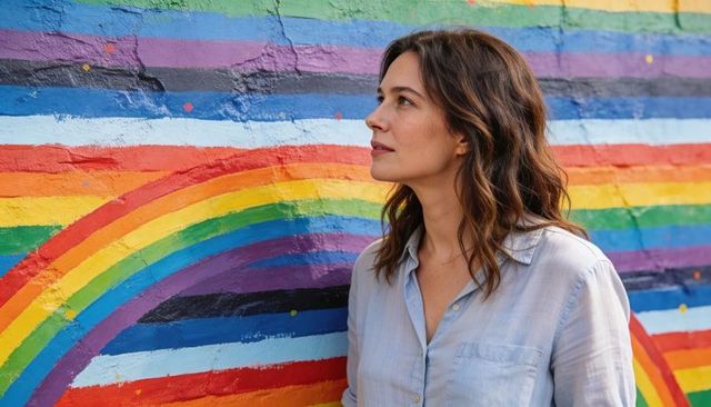Woman posing by colorful rainbow mural wearing light blue shirt looking right