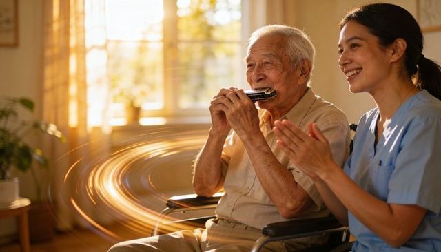 Asian senior playing harmonica while caregiver clapping and smiling in sunny home lounge