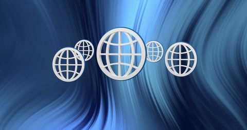 Futuristic white globe icons on blue abstract background