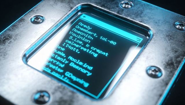 Recessed industrial touchscreen glowing cyan on weathered metal console with LED rim