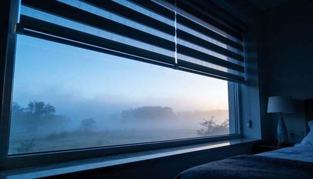 Framing foggy dawn landscape through large bedroom window with striped blind and misty horizon