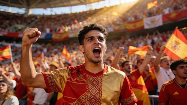 Cheering football fan raising fist in stadium with red gold flags, vibrant crowd energy
