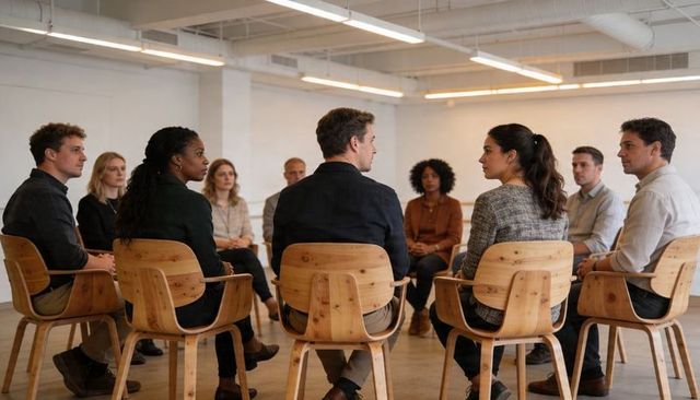 Business team sitting in circle discussing ideas in modern minimalist meeting room