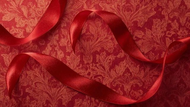 Curling burgundy satin ribbon lying over ornate damask floral pattern, glossy gift wrap