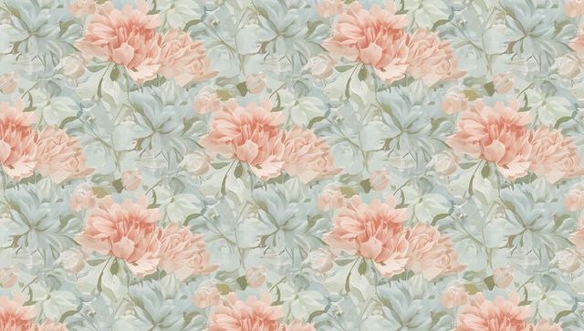 Peach peony and mint painterly watercolor floral seamless wallpaper pattern