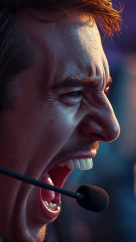 Close-up esports commentator shouting into headset mic during heated live broadcast