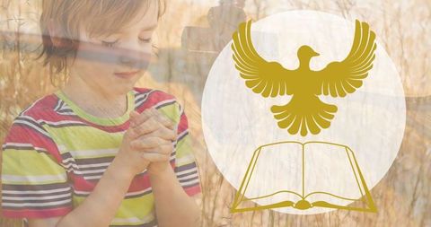 Caucasian Child Praying with symbolic faith illustrations