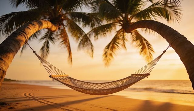 Golden sunset hammock between curved palm trunks on secluded tropical beach shore