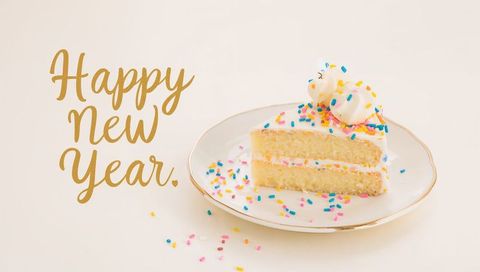 Happy New Year Cake Slice Pastel Sprinkles on Gold-Rim Plate Minimalist Holiday Greeting