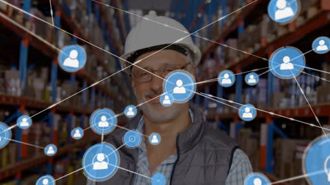 Man in Warehouse with Digital Network Connections Overlay
