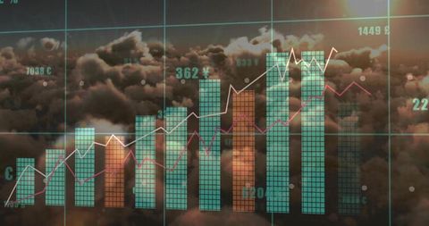 Financial Analytics Chart Projected Against Cloudscape with Rising Trends
