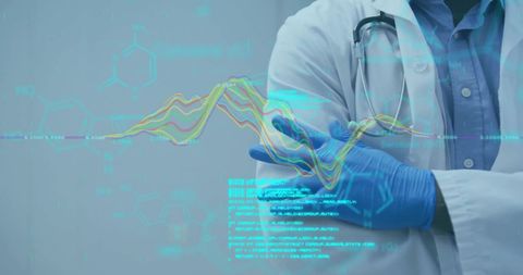 Scientist analyzing data with virtual hologram graphics in laboratory