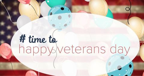 Veterans Day Celebration Banner with Balloons Over American Flag