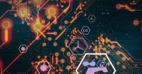 Neon circuit network pulsing with glowing nodes and hexagonal tech interface