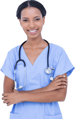 Confident female doctor in scrubs with transparent background