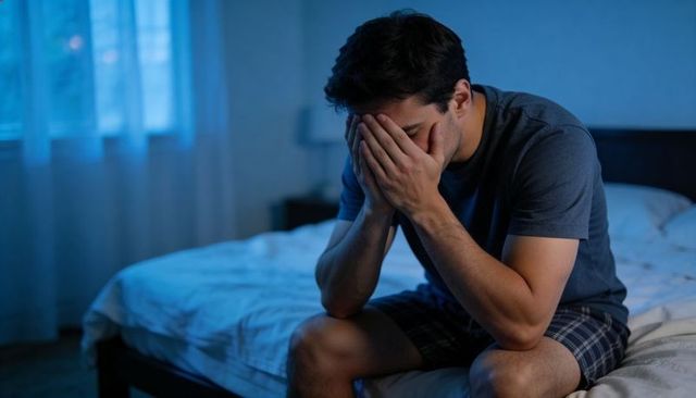 Man sitting on bed covering face, portraying insomnia and distress in dim bedroom