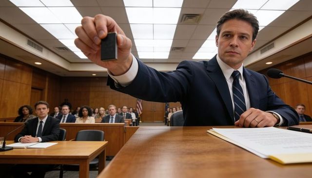 Attorney presenting evidence in courtroom, extending black exhibit toward jury