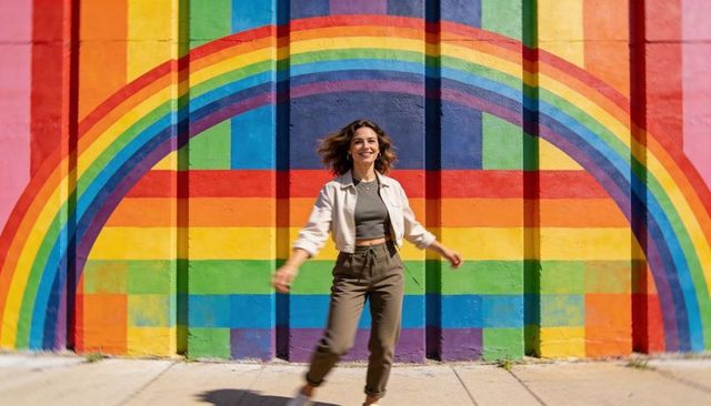 Smiling woman striding past vibrant rainbow mural on urban sidewalk, joyful movement