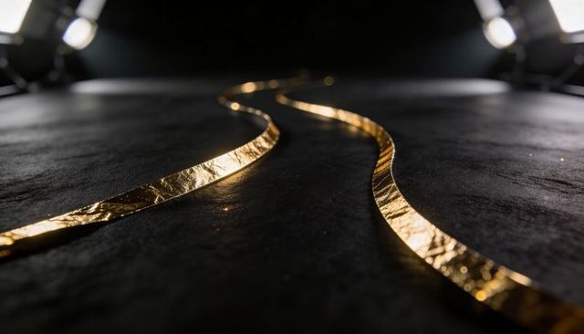 Gold foil ribbons on dark textured surface reflecting soft spotlights, luxury abstract