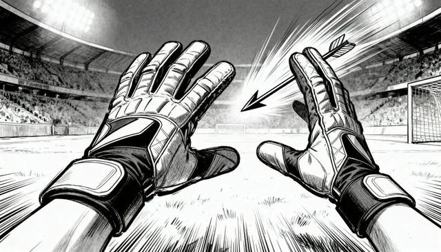 Diving goalkeeper reaching for arrow shot under stadium floodlights in dramatic monochrome