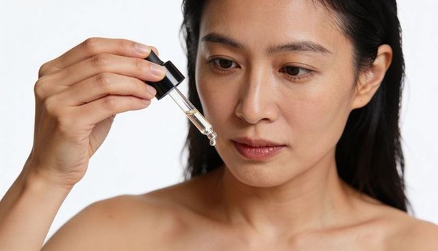 Asian woman holding serum dropper closeup bare shoulders skincare ritual minimal beauty