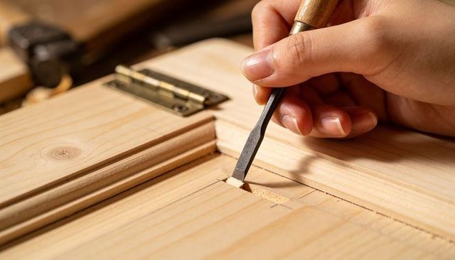 Right hand carving wooden panel with beveled chisel close-up showing hinge detail