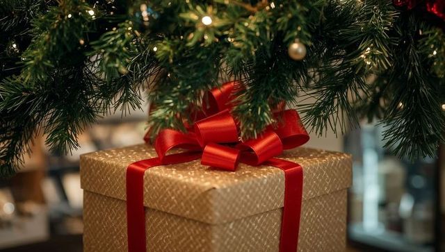 Gold gift box sitting beneath evergreen branches, red ribbon glowing with warm lights