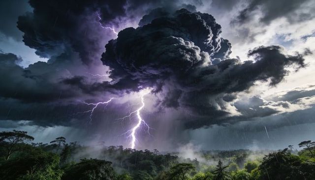 Lightning striking beneath towering cumulonimbus over tropical rainforest