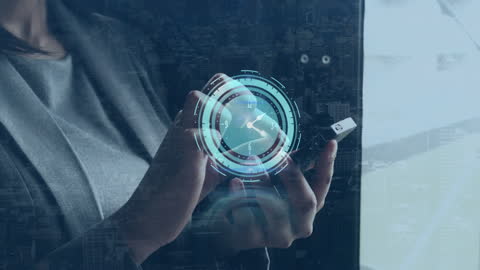 Businesswoman Using Smartphone with Overlay of Moving Clock