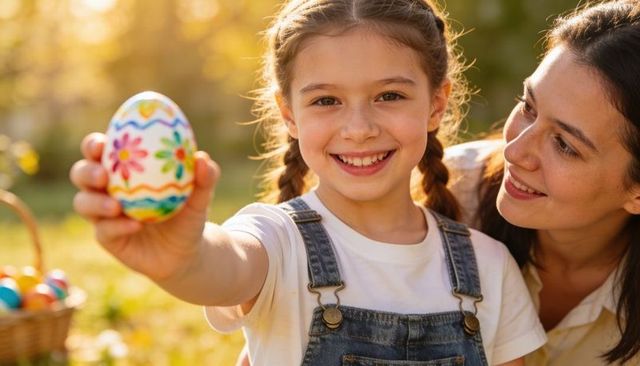 Smiling girl with braids holding colorful easter egg outdoors at golden hour with mother