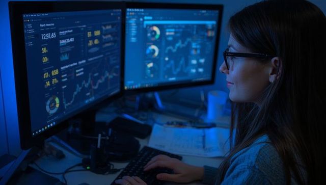 Focused analyst reviewing real-time data on dual monitors