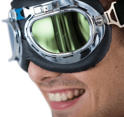 Close up of smiling man wearing transparent aviator goggles