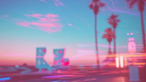 Neon glitch seaside sunset with palm trees and lounge chairs
