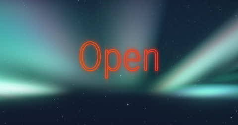 Neon Open Sign with Aurora Background