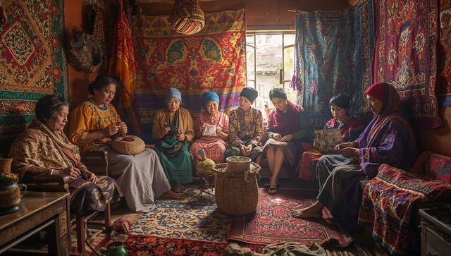 Traditional textile circle: women weaving, embroidering and knitting in tapestry-filled room