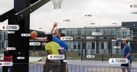 Diverse basketball players with digital data indicators