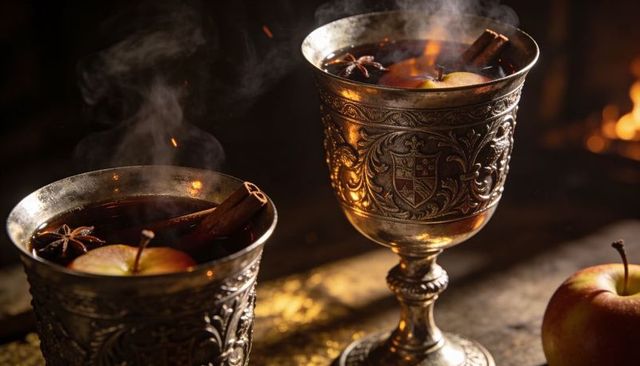 Steaming ornate silver goblets with mulled wine, cinnamon and apple, cozy fireplace mood