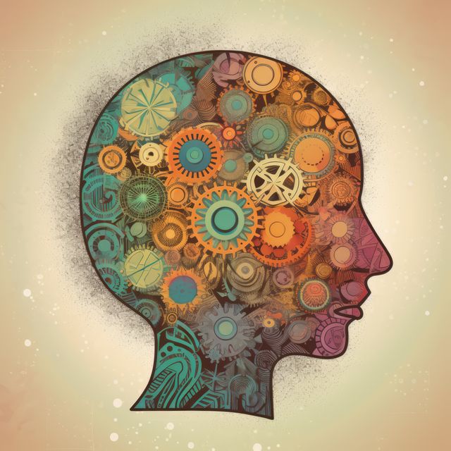 Digitally created concept of a human head silhouette filled with colorful gears and cogs, symbolizing creativity, intelligence, and the connection between the human mind and technology. Ideal for educational materials, presentations about intellectual development, innovation, engineering, and psychological studies.