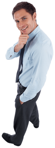 Transparent Smiling Businessman with Hand on Chin Looking Up