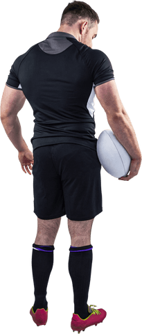 Powerful rugby athlete holding ball transparent view