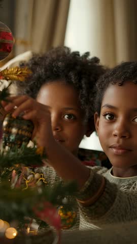 Vertical video sisters decorating Christmas tree at home hanging bauble creating cozy holiday scene