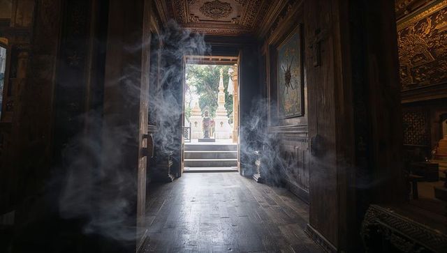 Sacred temple doorway with incense smoke and stupas
