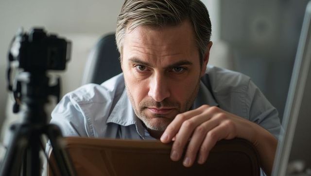 Focused Man Peering at Camera Over Chair Filming Vlog Portrait in Home Office