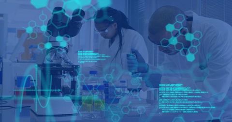 Scientists pipetting samples in high-tech lab with holographic molecular overlays and dataviz