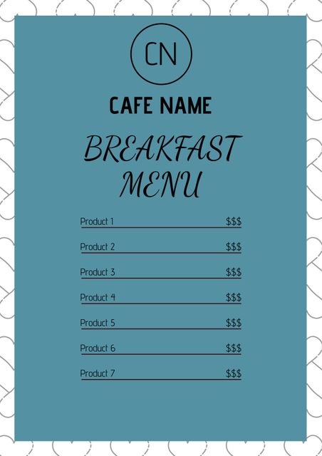 This elegant breakfast menu template features a modern layout suitable for cafes and restaurants. It includes placeholders for the cafe name, seven product items, and corresponding prices. Ideal for showcasing brunch specials or daily breakfast offerings. Perfect for digital displays, printing, or online posting to attract customers with a stylish and professional menu design.