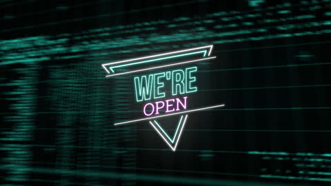 Neon We're Open Sign with Digital Data Processing Background