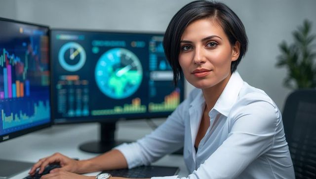 Professional analyzing data on dual monitors in modern office